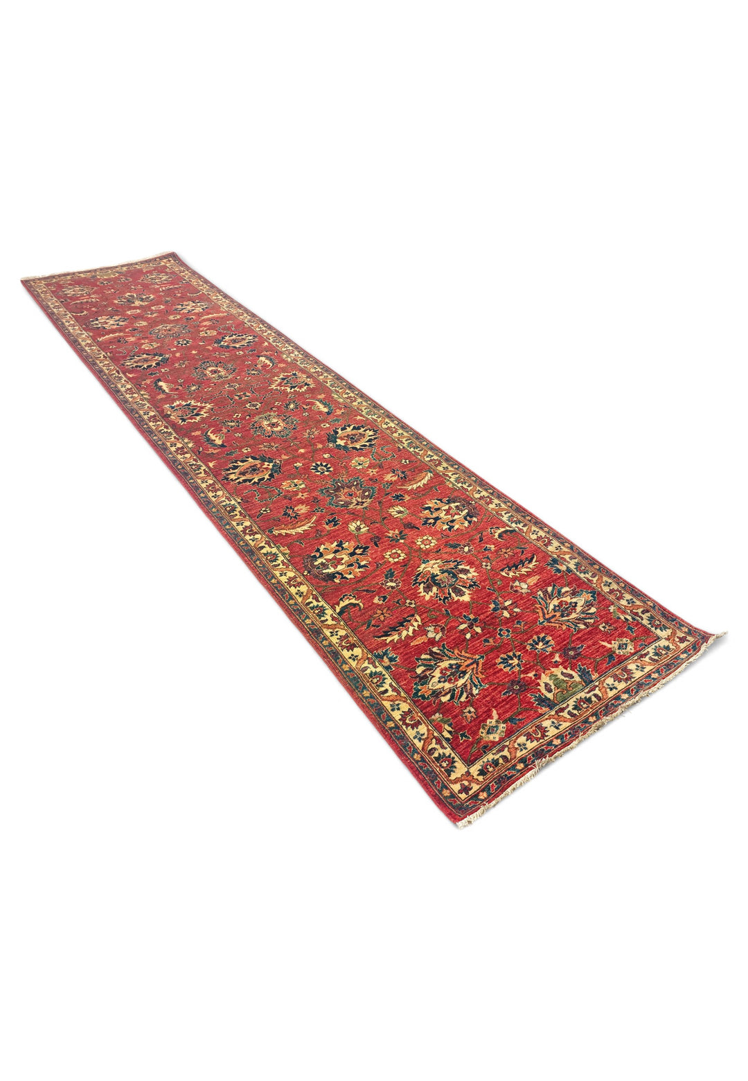Red and Gold Palmette Qadeem Chobi, Hand-Knotted Wool Rug