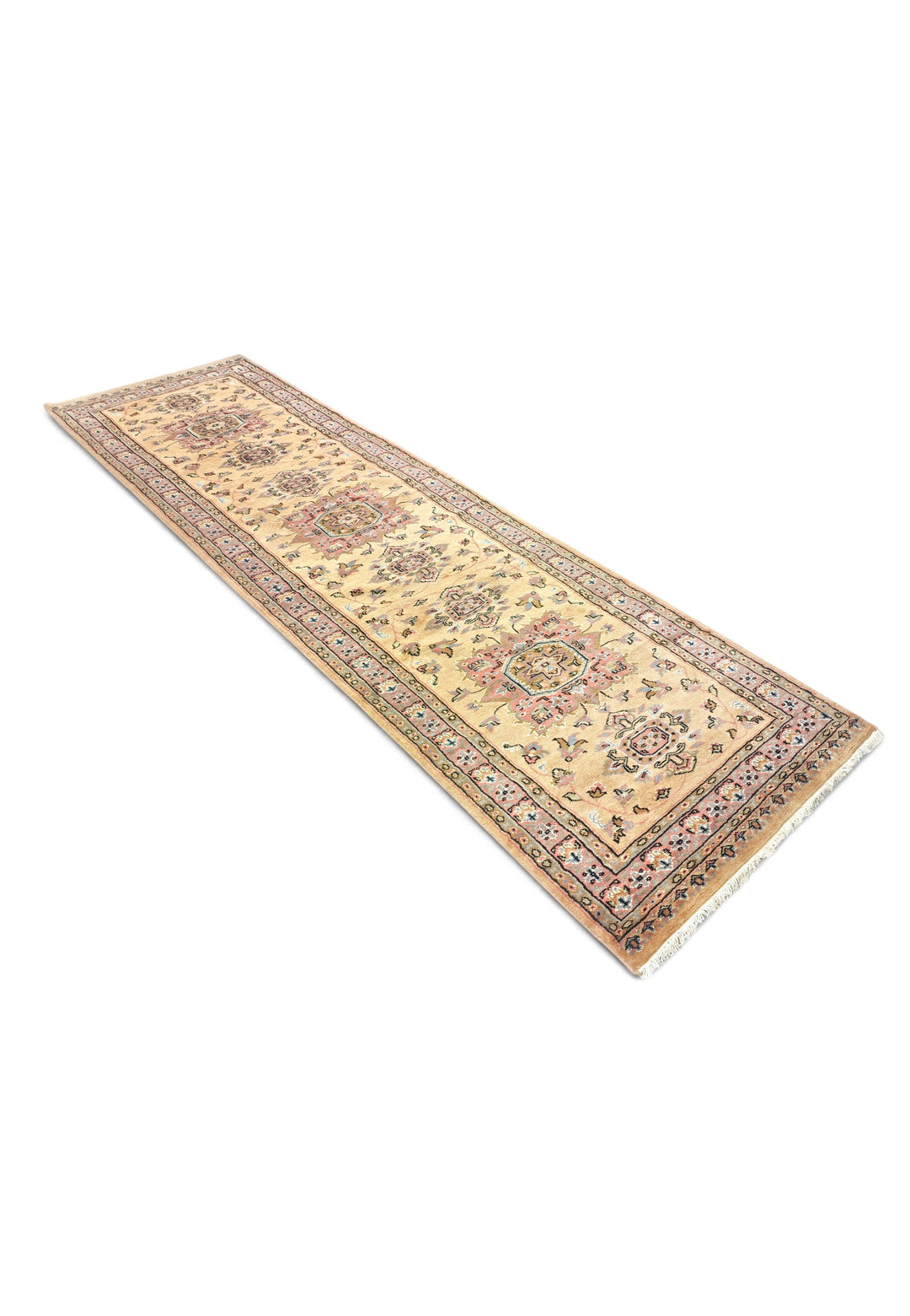 Golden and Rose Jaldar Medallion, Hand-Knotted Wool and Silk Rug