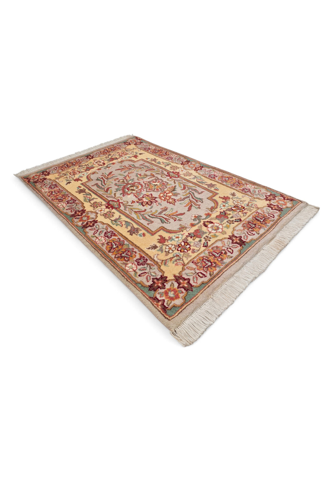 Butter Gold and Warm Grey French Floral Panel, Hand-Knotted Wool Rug