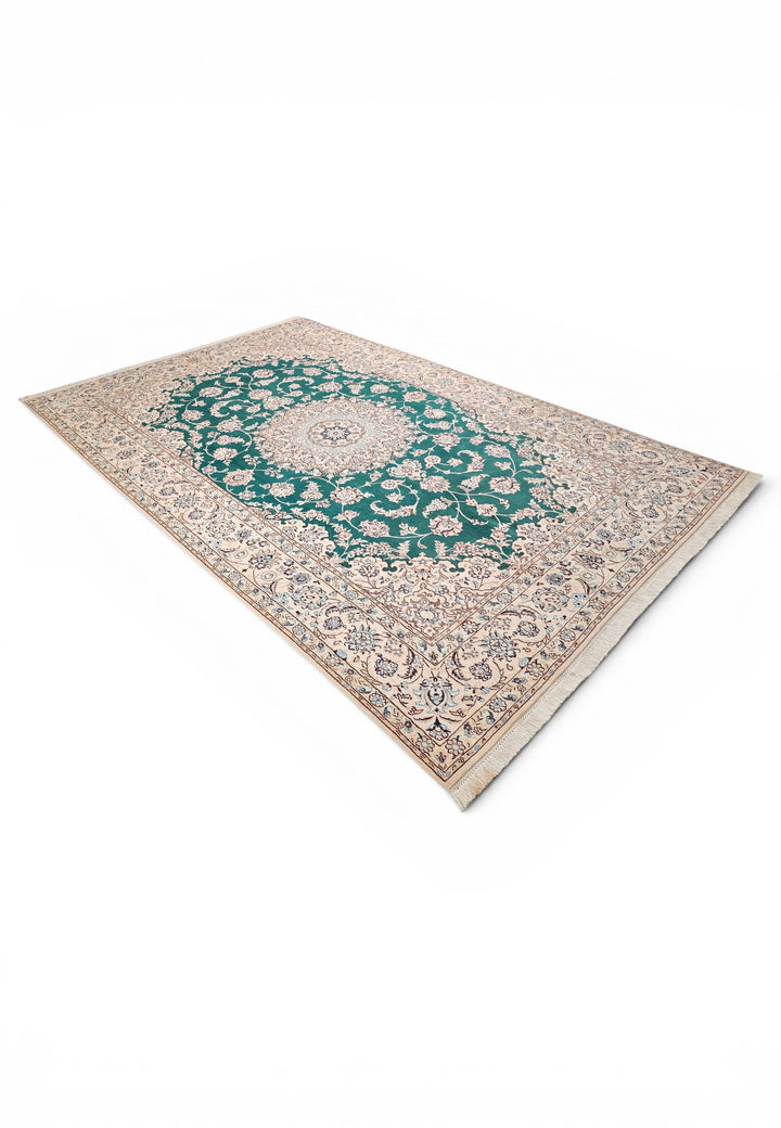 Teal Medallion Persian Nain, Hand-Knotted Wool Rug