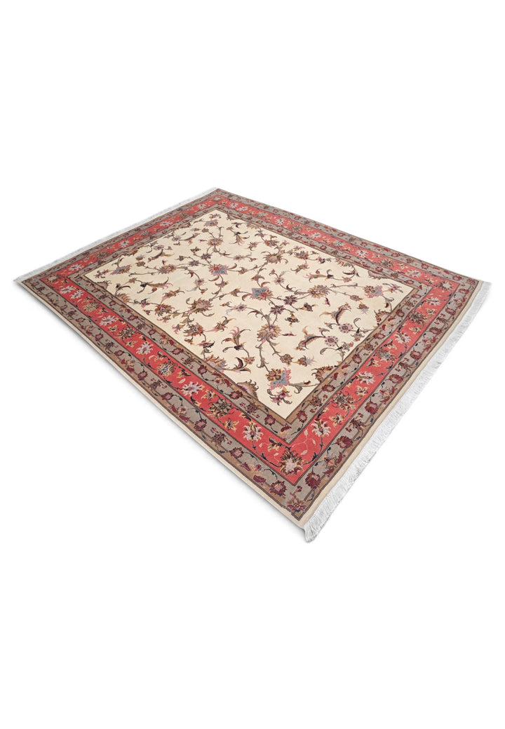Ivory and Coral Serrated Leaf Tabriz, Hand-Knotted Wool Rug