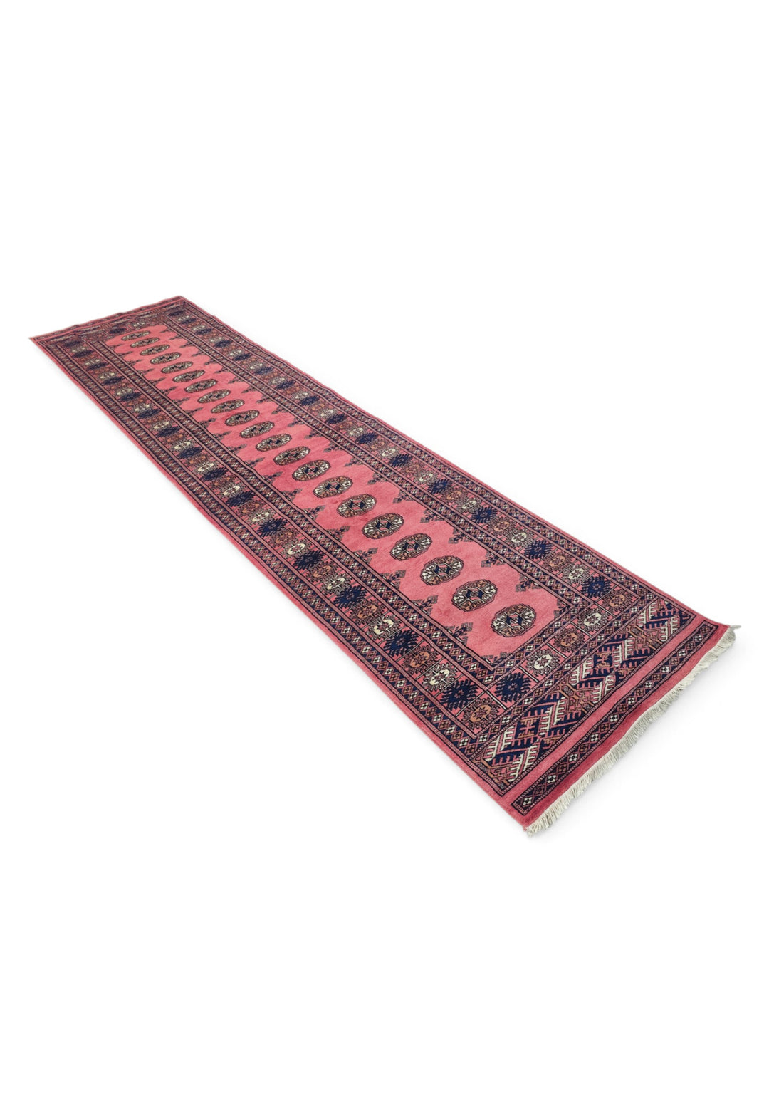 Rose and Navy Single Column Gül Bokhara, Hand-Knotted Wool Rug