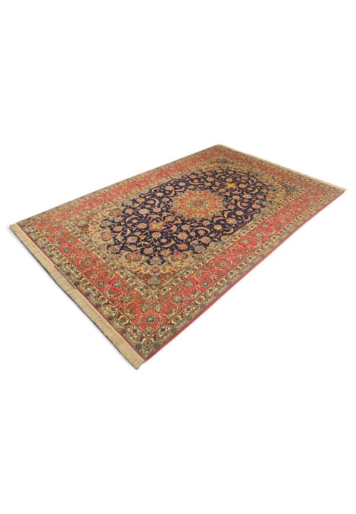 Indigo and Terracotta Medallion Sirafian Isfahan, Hand-Knotted Wool Rug