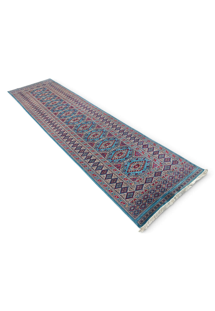 Turquoise and Wine Red Chained Diamond Medallion, Hand-Knotted Wool Rug