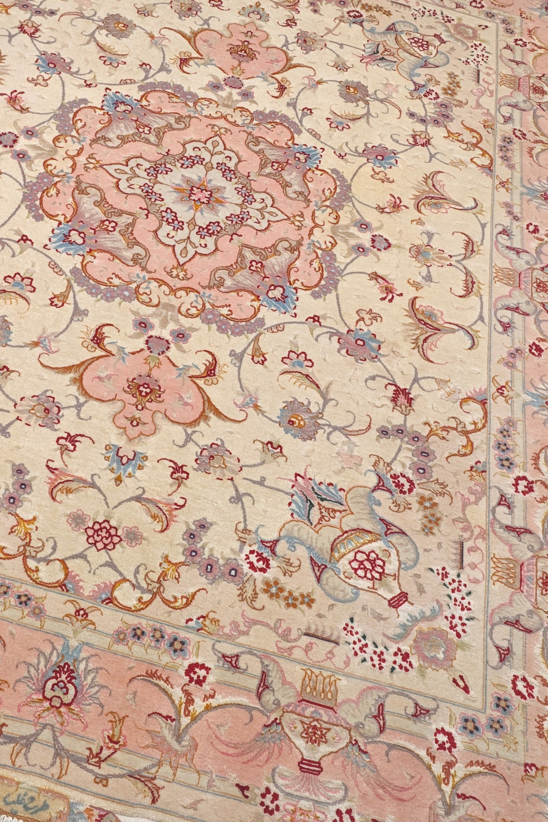 Cream and Rose Pink Vase Border Tabriz, Hand-Knotted Wool Rug
