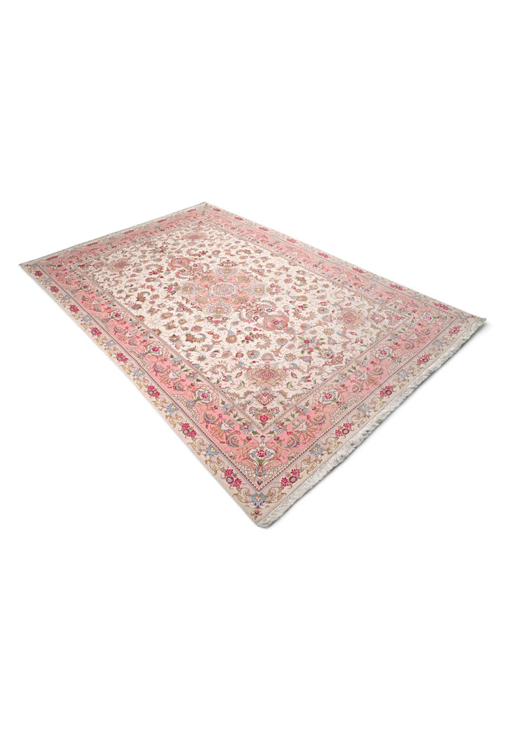Cream and Rose Pink Medallion Tabriz, Hand-Knotted Wool Rug
