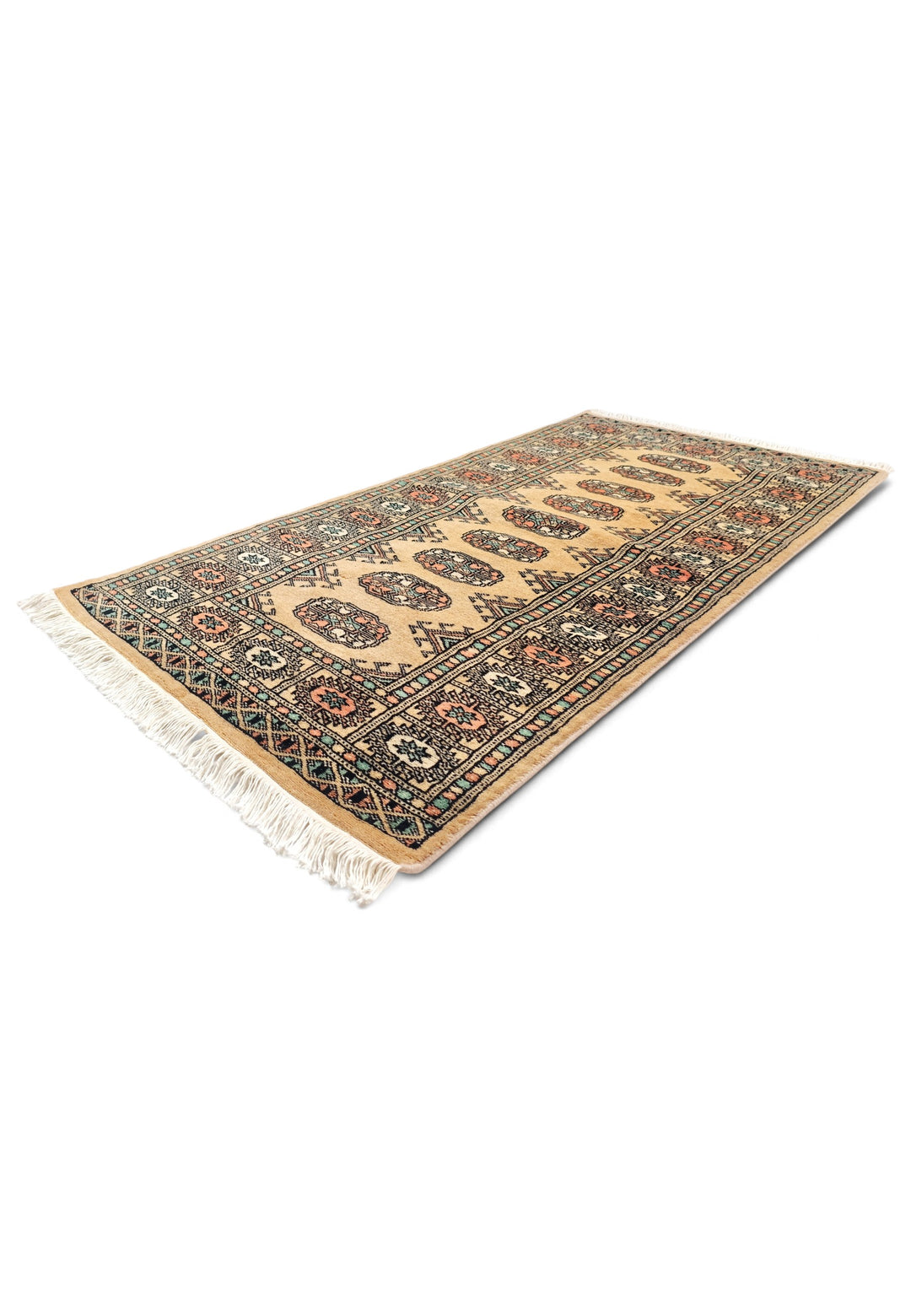 Gold and Peach Turkmen Gül Bokhara, Hand-Knotted Wool Rug
