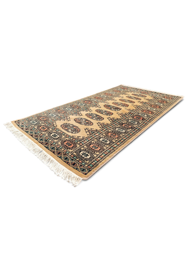 Gold and Peach Turkmen Gül Bokhara, Hand-Knotted Wool Rug