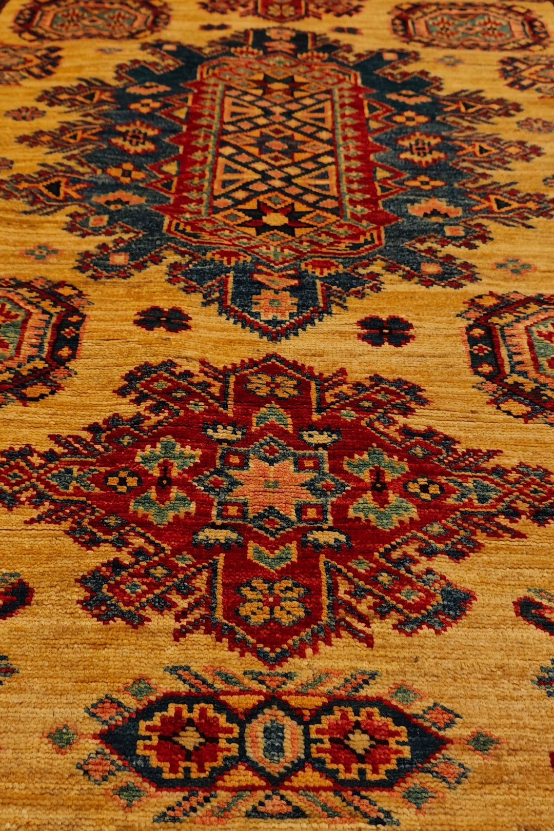 Gold &amp; Navy Tribal Medallion Rug, Hand-Knotted Afghani Sherwan