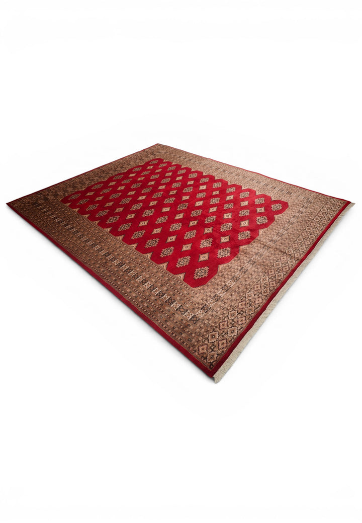 Brick Red &amp; Cream Diamond Jaldar Rug, Hand-Knotted Pakistani Wool &amp; Silk
