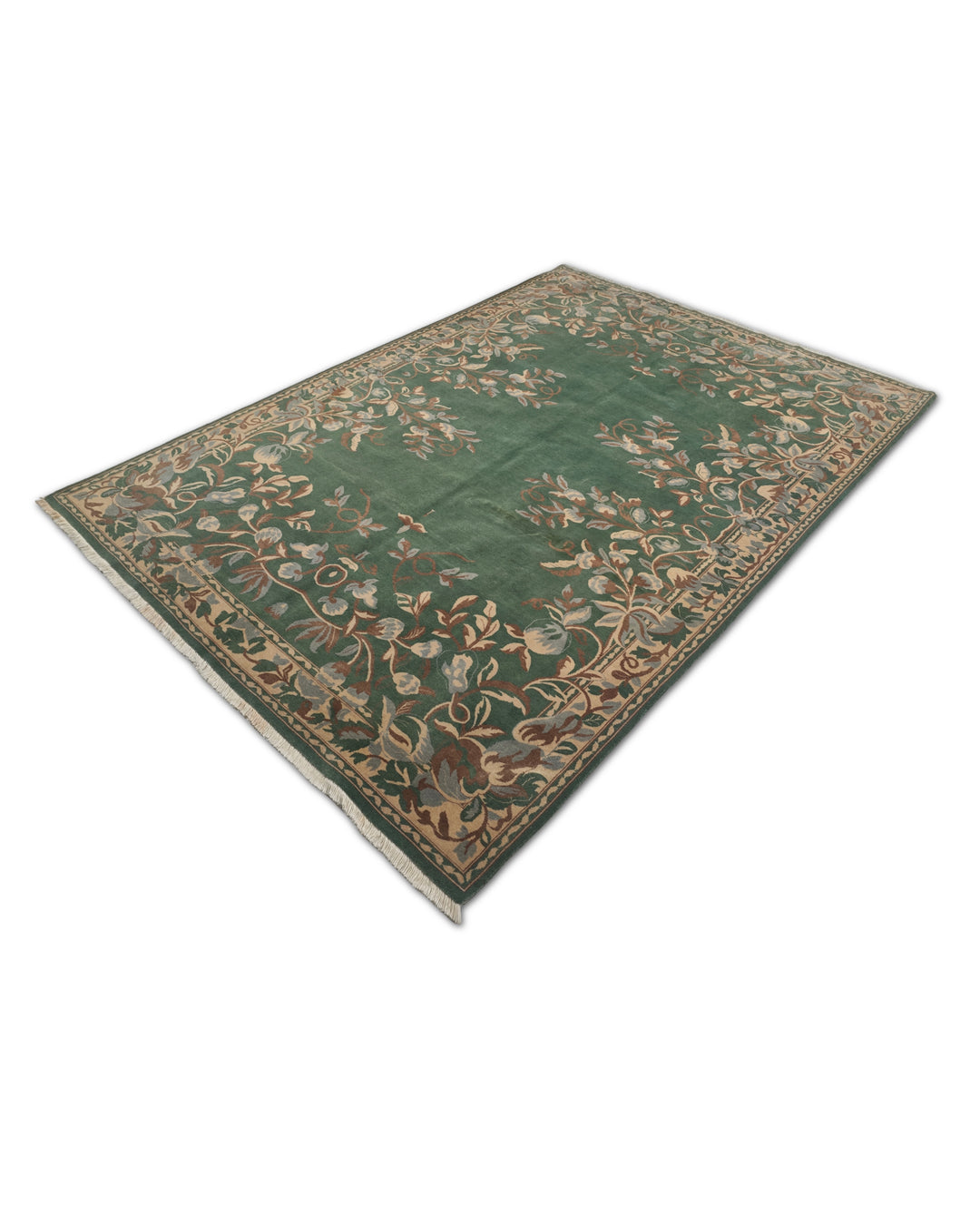 Green and Camel Gol Farang Floral, Hand-Knotted Wool Rug