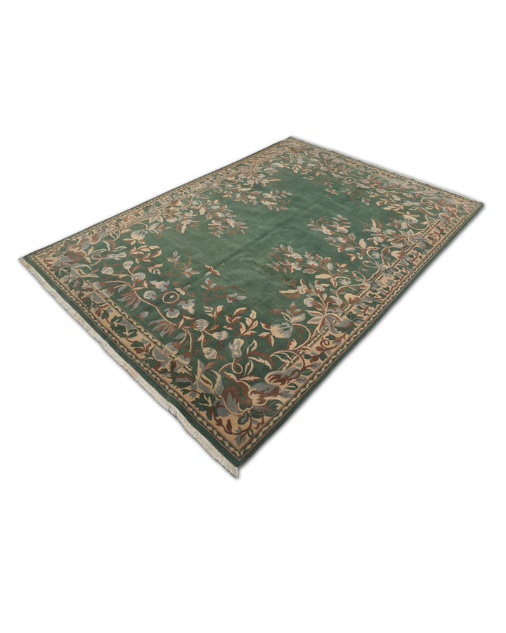 Green and Camel Gol Farang Floral, Hand-Knotted Wool Rug