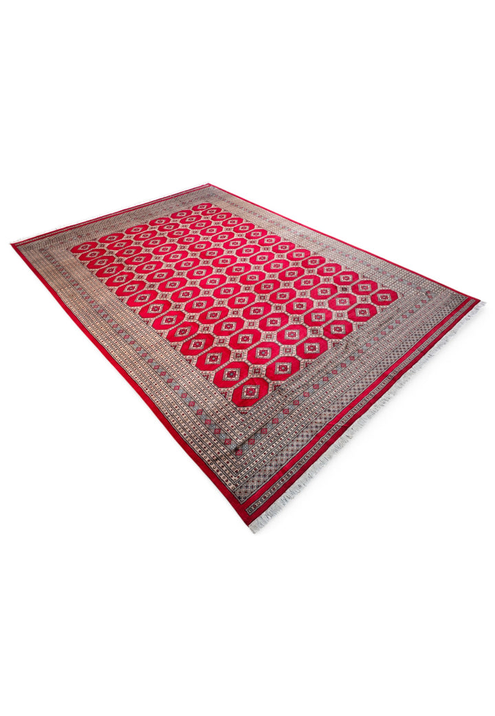 Ruby Red Diamond Lattice Bokhara, Hand-Knotted Wool Rug