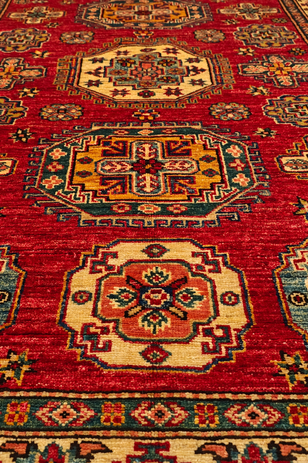 Red &amp; Teal Tribal Kazak Rug, Hand-Knotted Afghan Wool