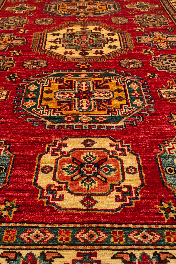 Red &amp; Teal Tribal Kazak Rug, Hand-Knotted Afghan Wool