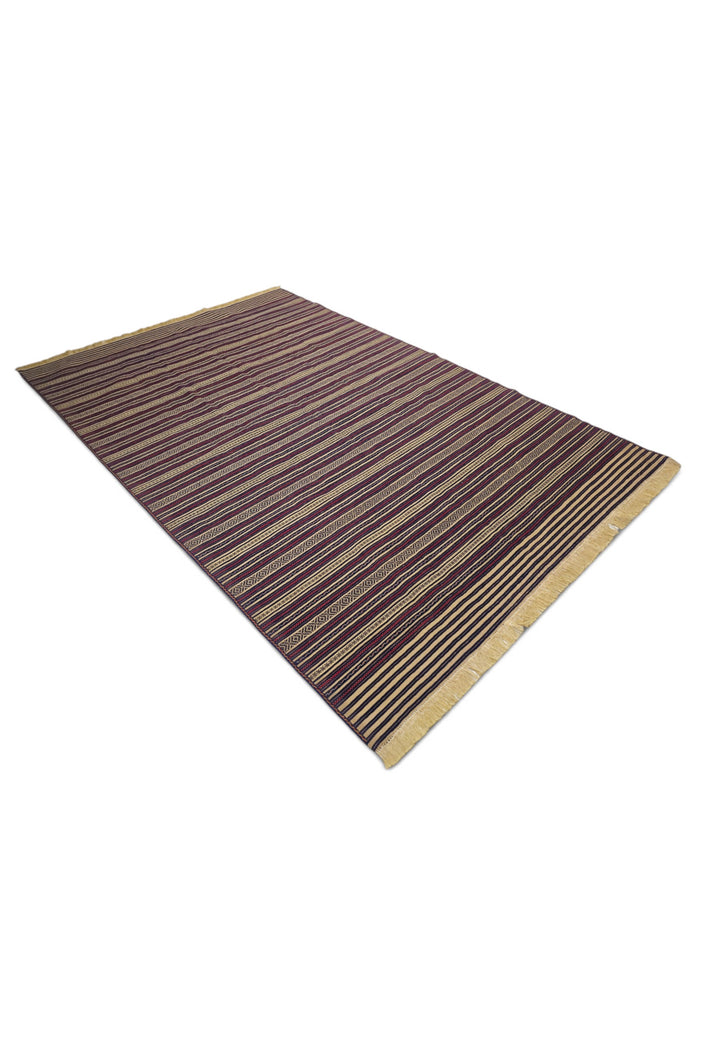 Aubergine and Wheat Striped Kilim, Hand-Woven Wool
