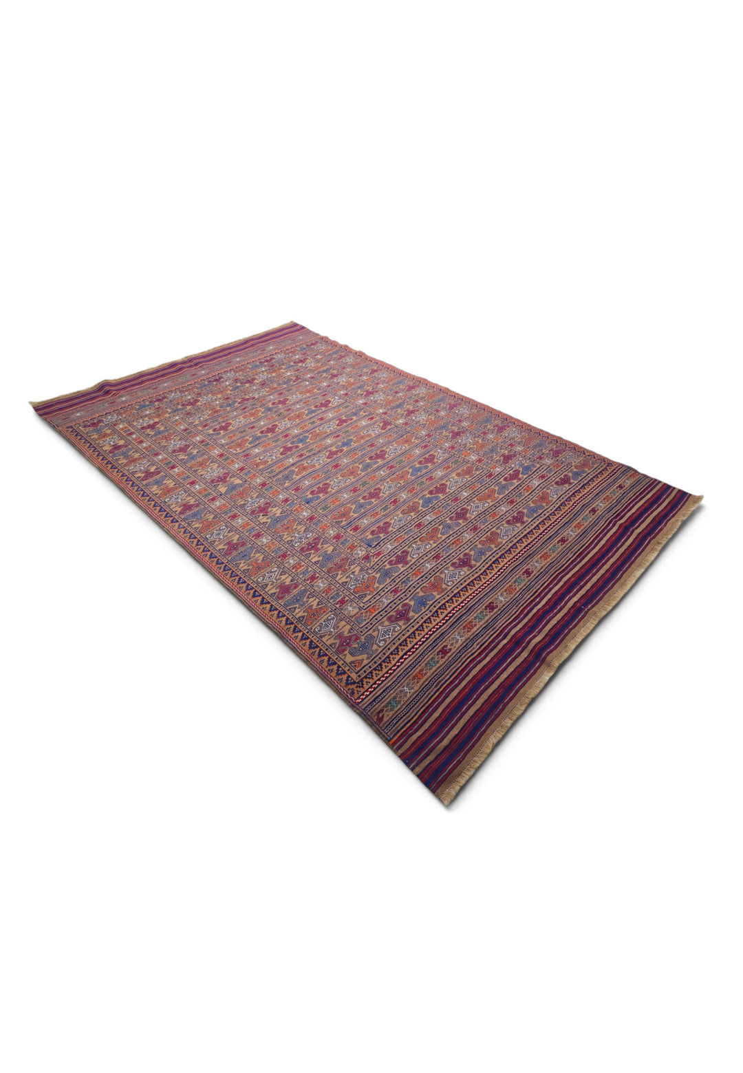 Camel and Burgundy Banded Kilim, Hand-Woven Wool