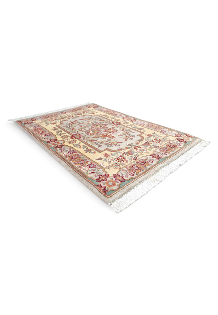 Gold and Grey French Floral Panel, Hand-Knotted Wool Rug