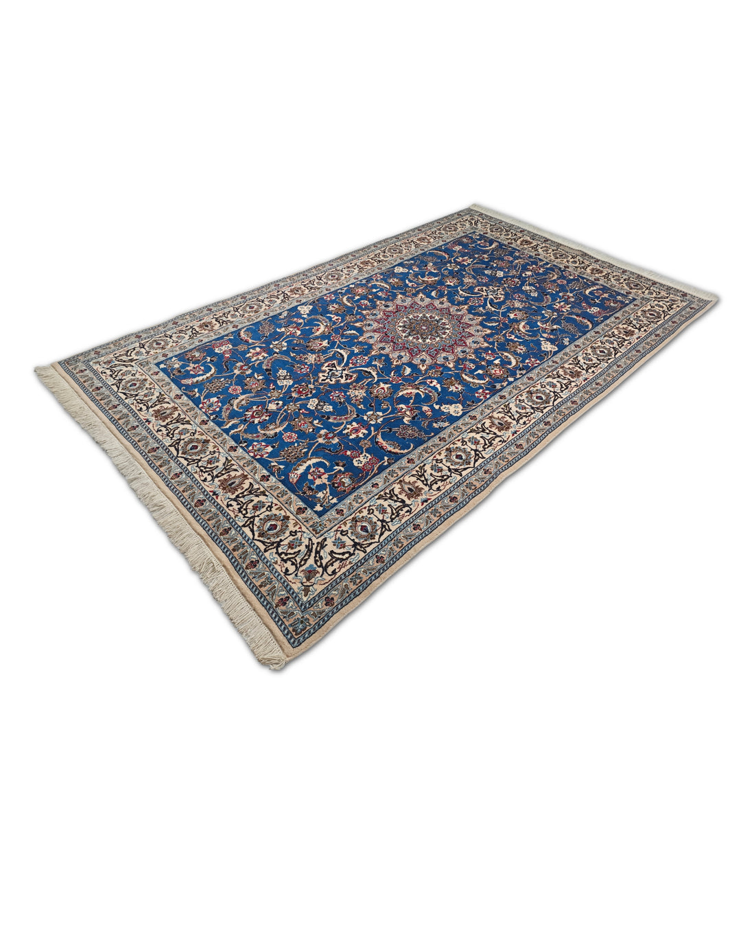 Cobalt Blue and Ivory Medallion Nain, Hand-Knotted Wool Rug