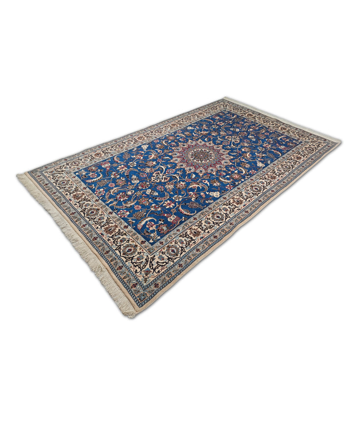Cobalt Blue and Ivory Medallion Nain, Hand-Knotted Wool Rug