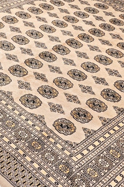Sand Beige Turkmen Gül Bokhara Square Rug, Hand-Knotted Pakistani Wool