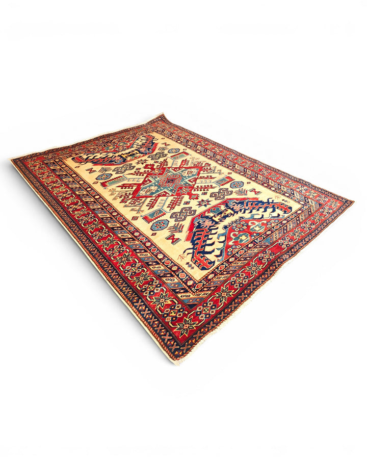 Ivory &amp; Red Sunburst Medallion Rug, Hand-Knotted Afghani Sherwan