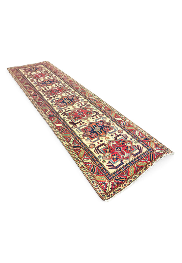 Ivory and Red Hooked Star Medallion Rug, Hand-Knotted Sherwan