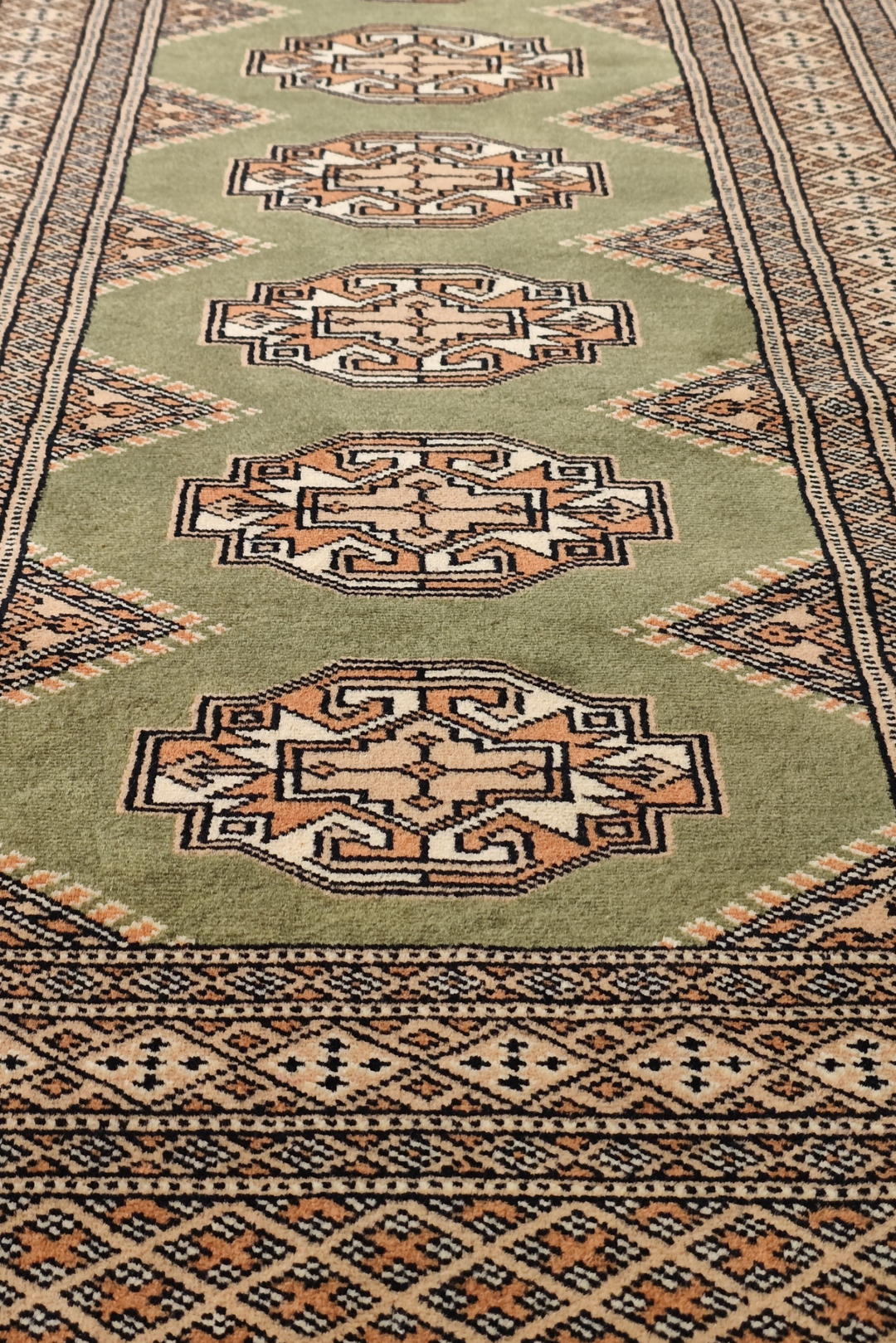 Olive Green and Beige Yamoud Rug, Hand-Knotted Wool
