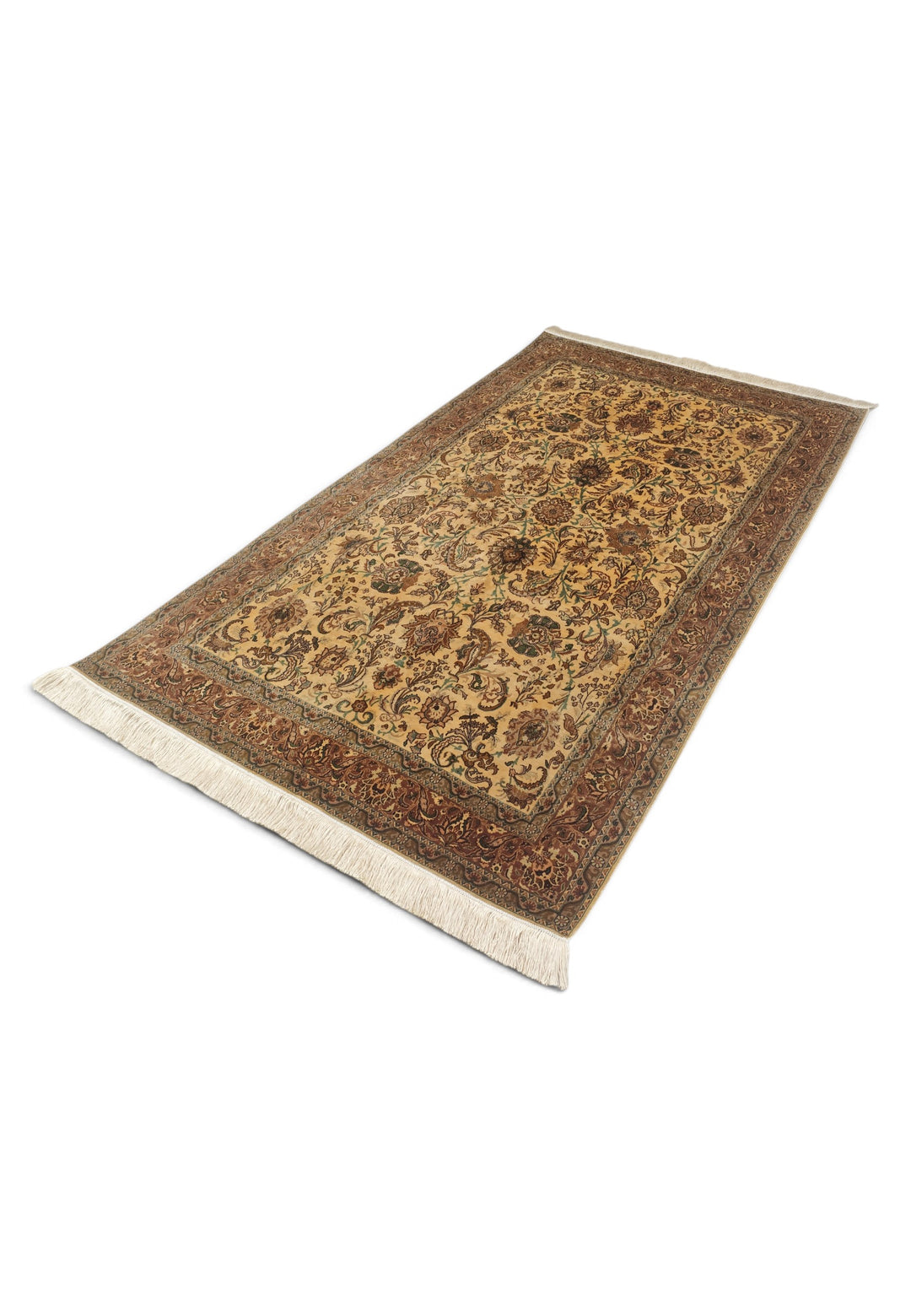 Gold and Brown Afshan All-Over Floral, Hand-Knotted Silk Rug