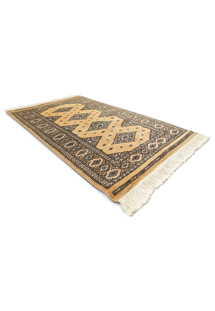 Honey Gold and Espresso Jaldar Diamond Medallion, Hand-Knotted Wool Rug