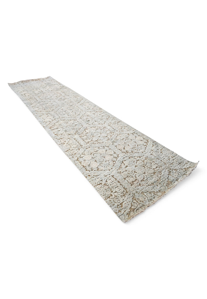 Ivory and Taupe Damask Lattice, Hand-Knotted Wool and Silk Rug
