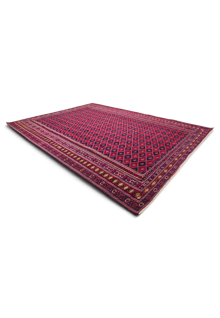 Crimson and Navy Diamond Lattice Kilim, Hand-Woven Wool