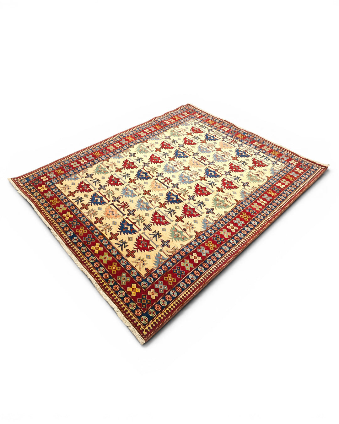 Ivory Caucasian Tribal Rug, Hand-Knotted Afghani Sherwan