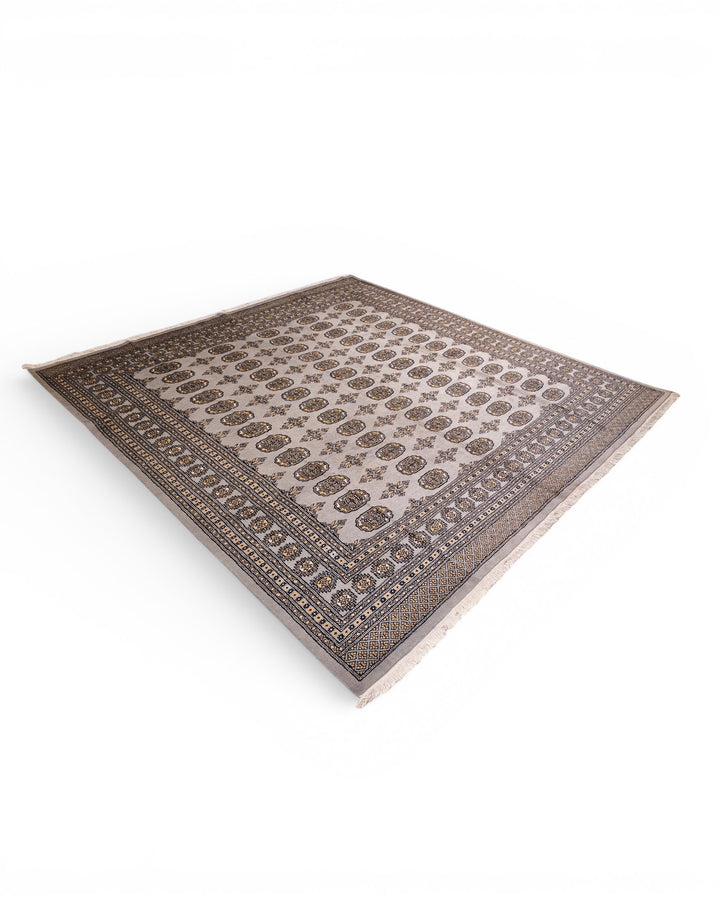 Warm Grey Turkmen Gül Bokhara Square Rug, Hand-Knotted Pakistani Wool