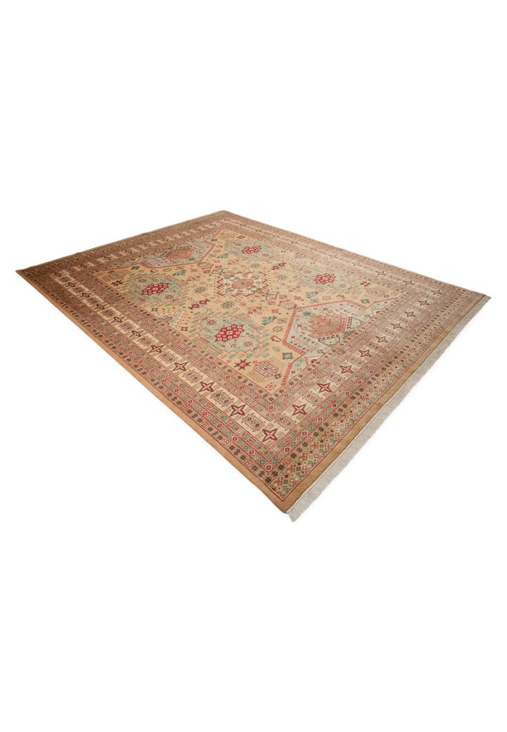 Camel and Coral Caucasian Medallion, Hand-Knotted Wool Rug