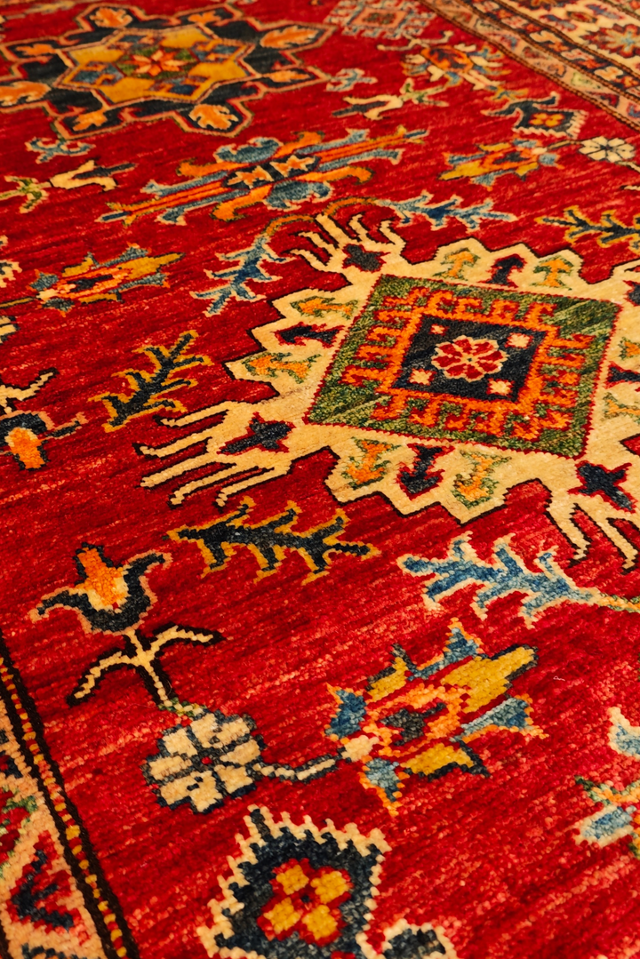 Red &amp; Gold Star Kazak Rug, Hand-Knotted Afghan Wool