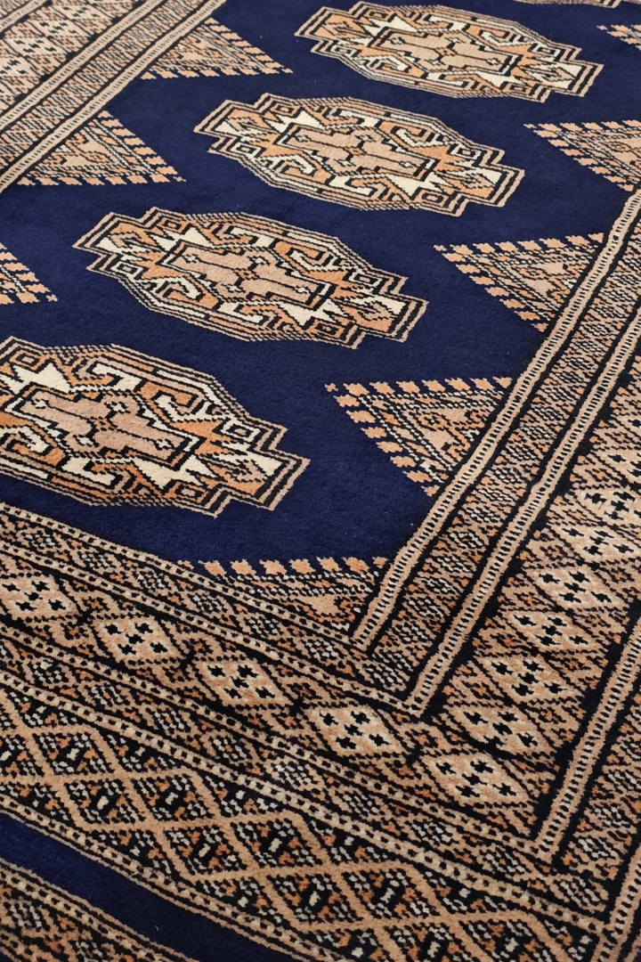 Navy and Beige Yamoud Rug, Hand-Knotted Wool