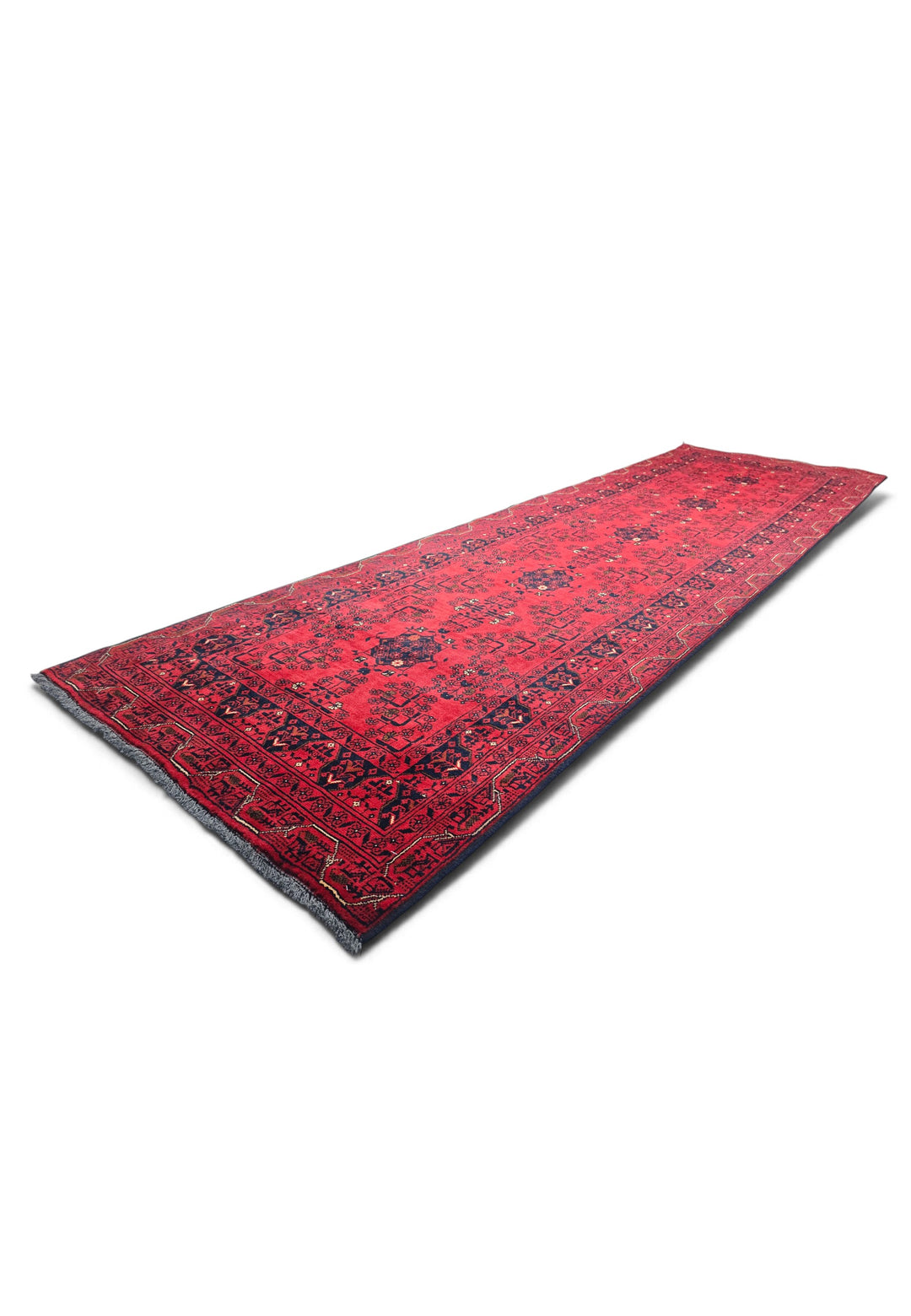 Bright Red and Navy Khan Muhammadi Runner, Hand-Knotted Wool