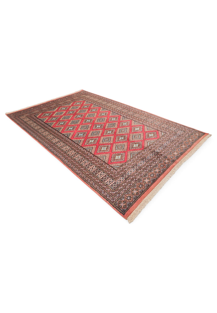 Crimson and Salmon Diamond Lattice, Hand-Knotted Wool Rug