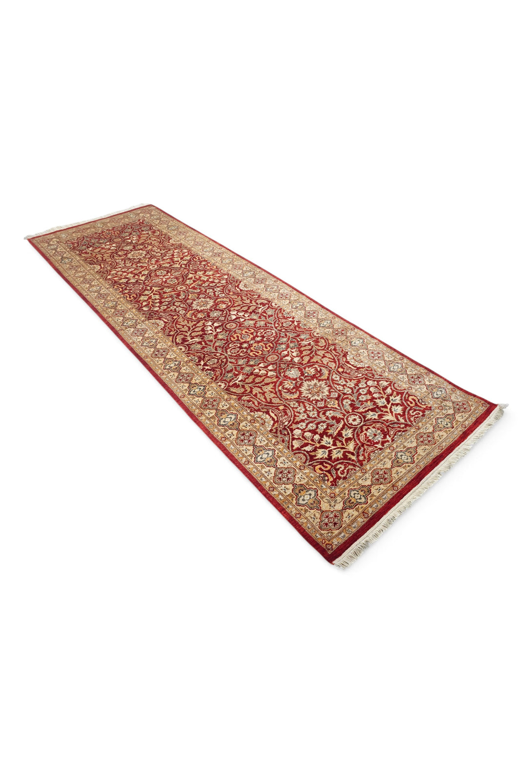 Deep Red and Cream Arabesque Lattice, Hand-Knotted Wool and Silk Rug