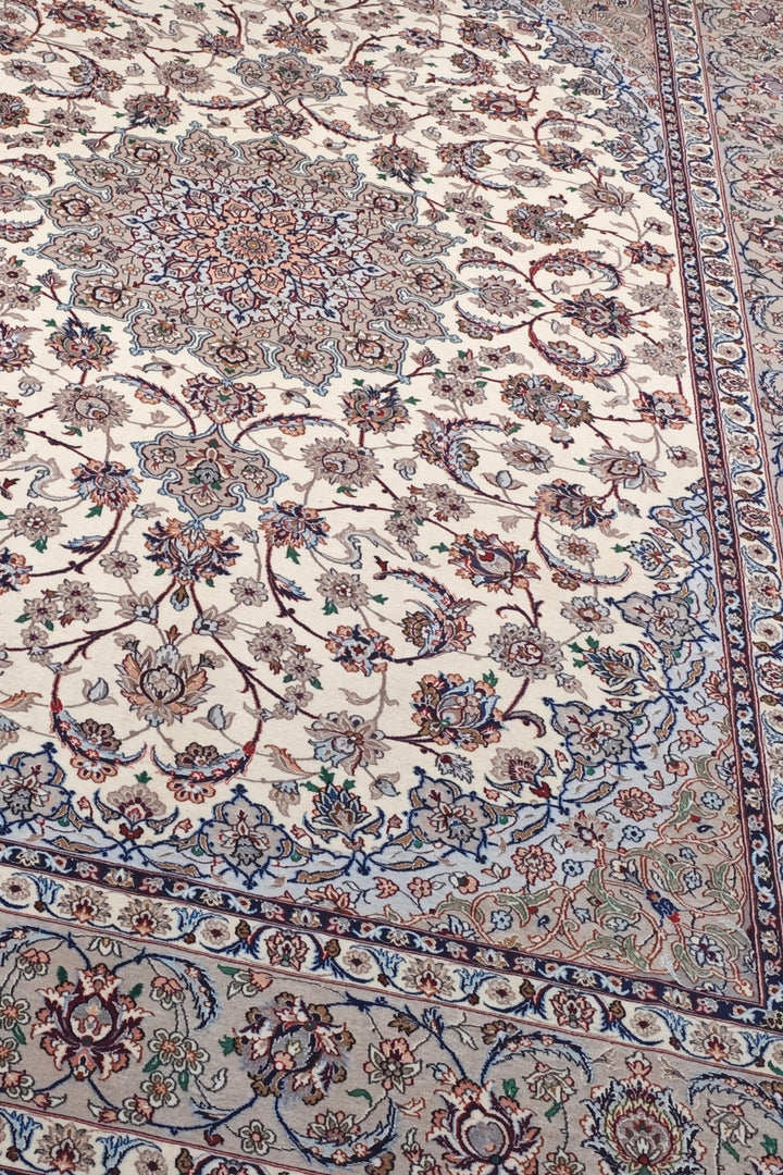 Ivory and Grey Medallion Yazdani Isfahan, Hand-Knotted Wool Rug