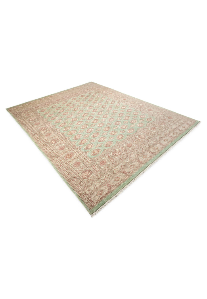 Sage and Rose Turkmen Gül Bokhara, Hand-Knotted Wool Rug