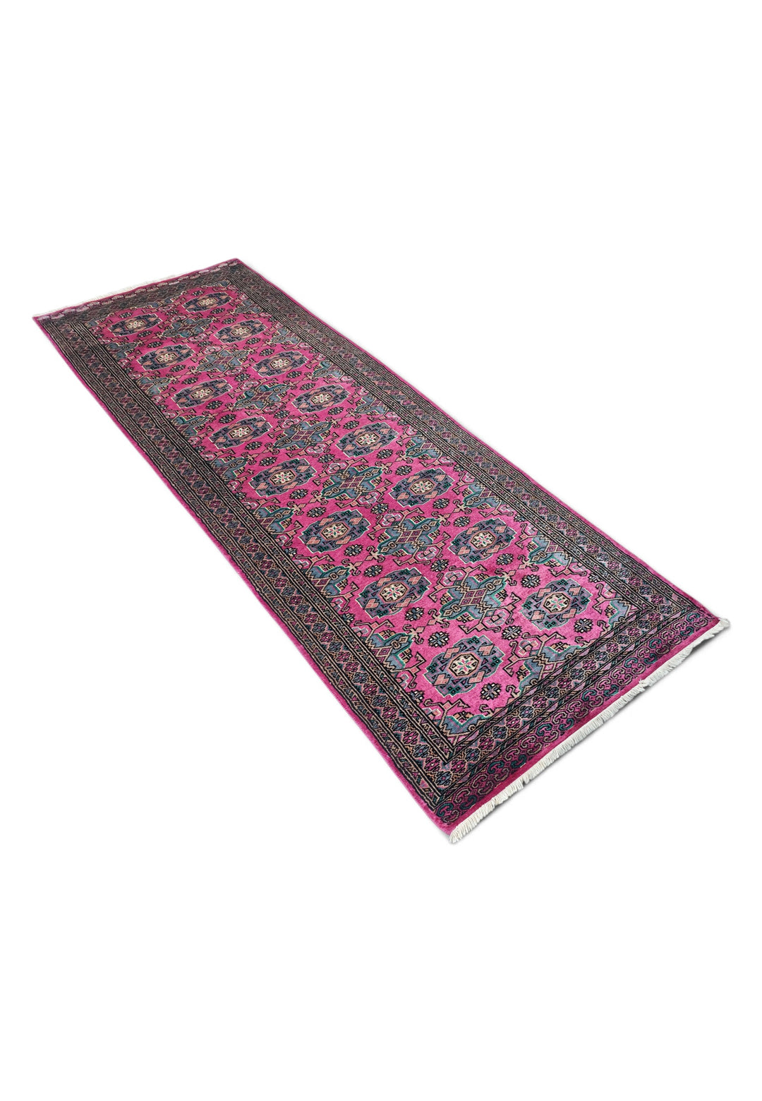 Magenta and Teal Jaldar Rosette Gül, Hand-Knotted Wool and Silk Rug