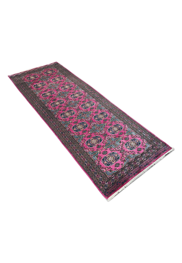 Magenta and Teal Jaldar Rosette Gül, Hand-Knotted Wool and Silk Rug
