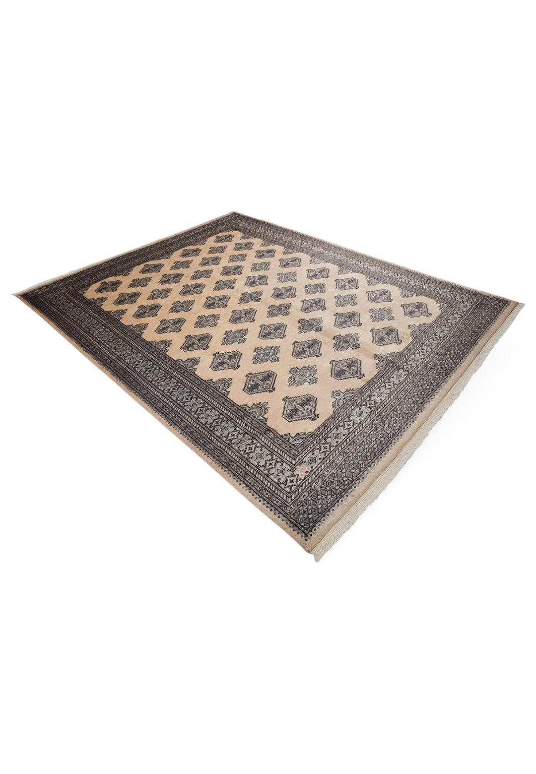 Cream and Espresso Turkmen Gül Bokhara, Hand-Knotted Wool Rug
