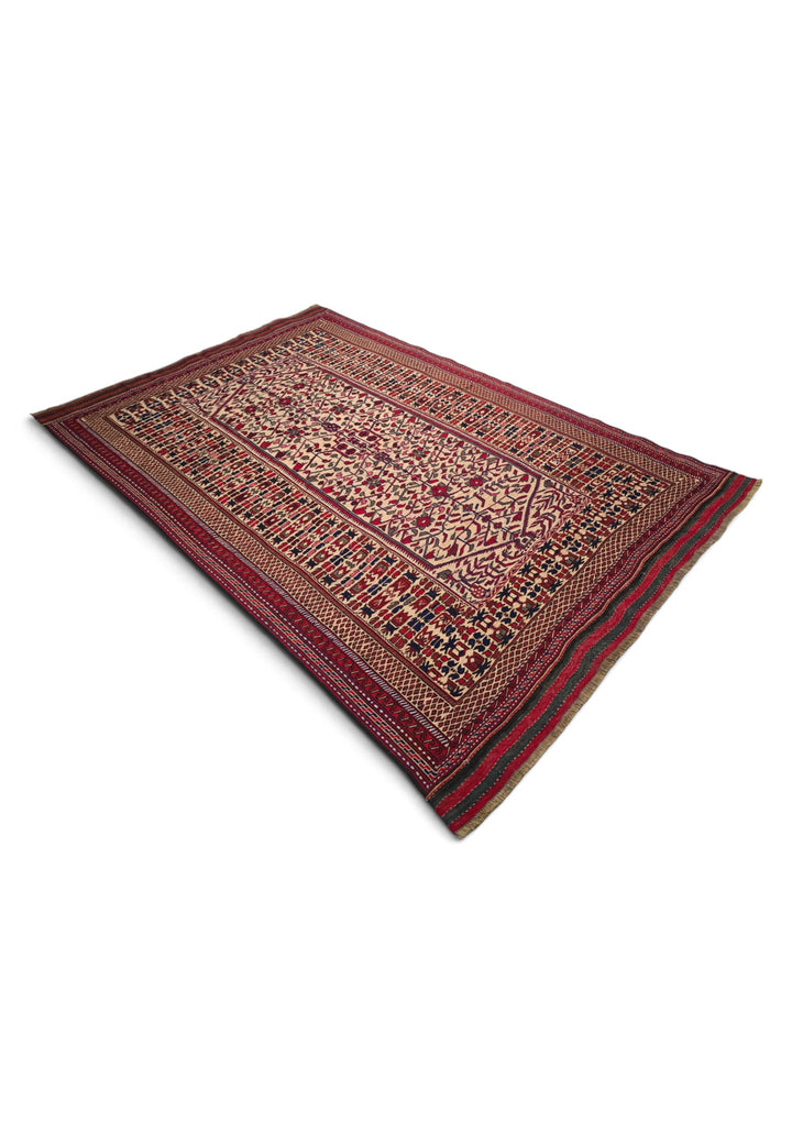 Cream and Red Hooked Medallion Kilim, Hand-Woven Wool