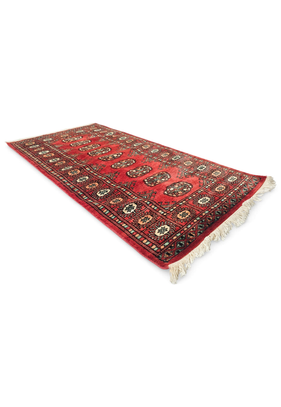 Red and Salmon Turkmen Gül Bokhara, Hand-Knotted Wool Rug