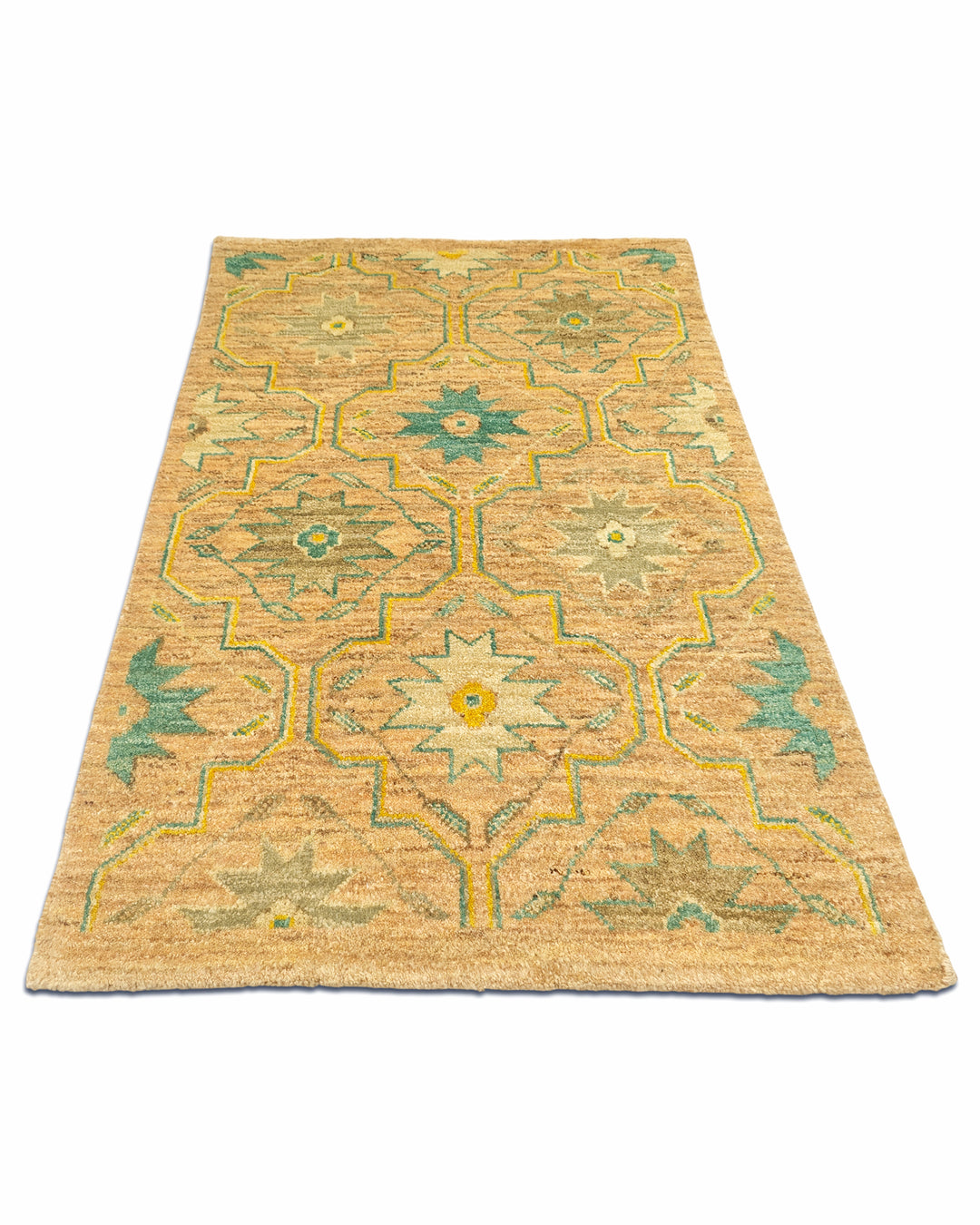 Gold &amp; Green Floral Gabbeh, Hand-Knotted Afghan Wool Rug