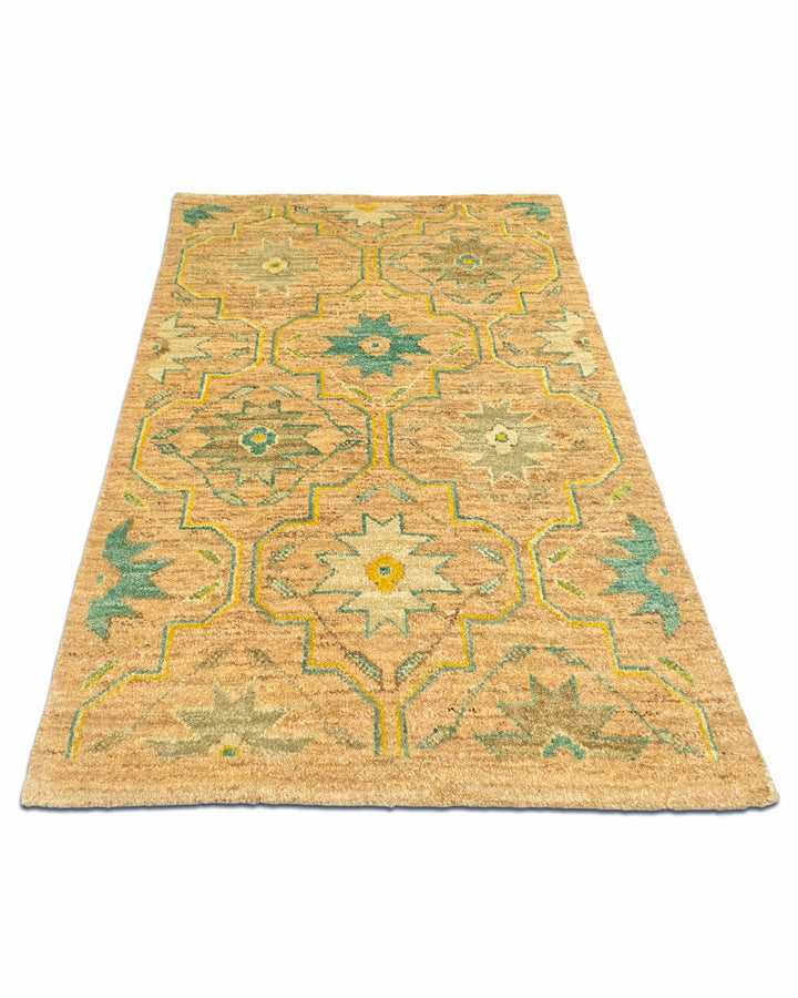 Gold &amp; Green Floral Gabbeh, Hand-Knotted Afghan Wool Rug
