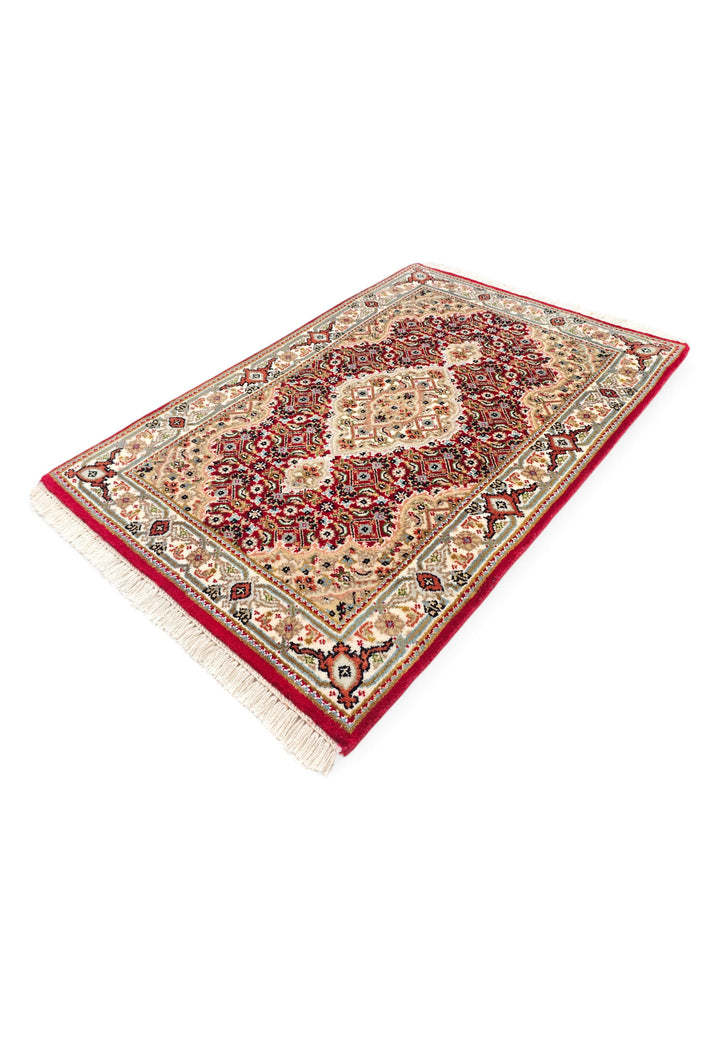 Brick Red and Sandstone Mahi Medallion Tabriz, Hand-Knotted Wool Rug